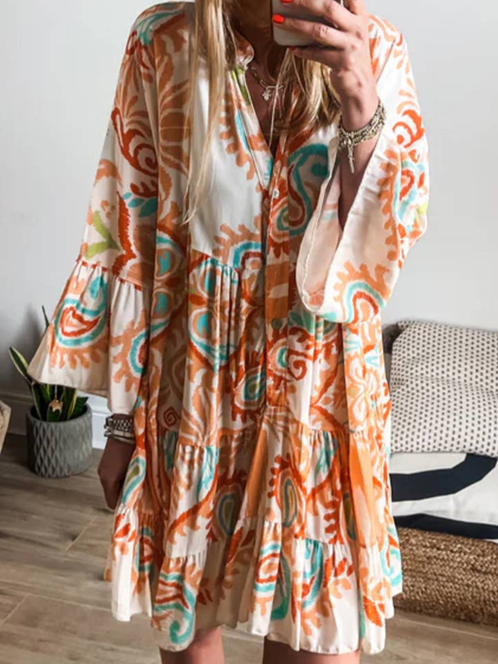Oranje mini-jurk met boho paisley-print en armbandmouwen voor wholesale door Kristine Leah