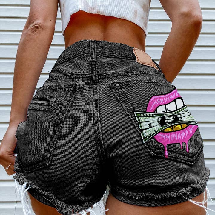 Tourtiwi - Wholesale Shorts - Women's - Cash in the Mouth Print Ripped Denim Shorts3