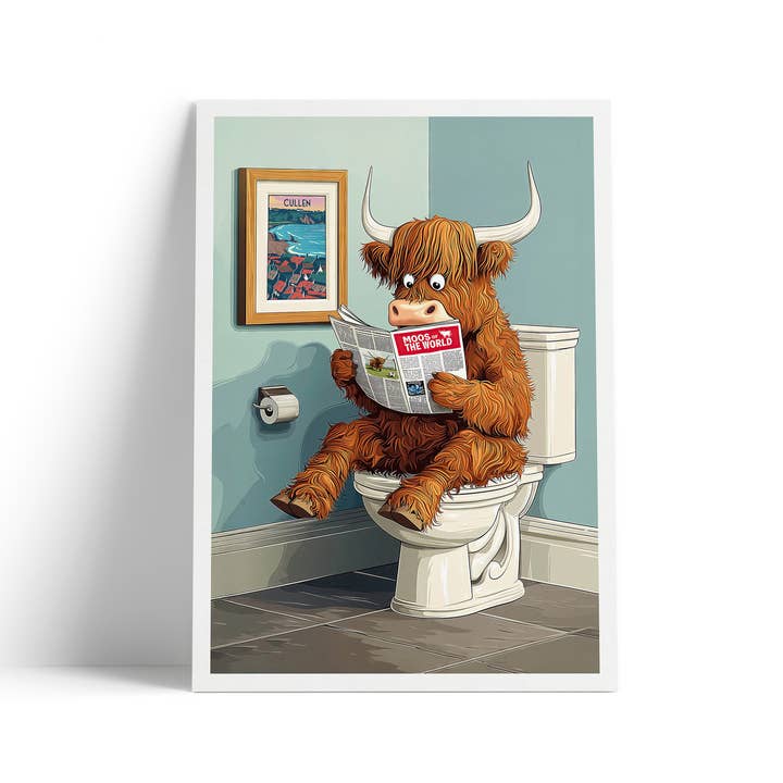 Coo on the Loo – Highland Cow Bathroom Wall Art with Cullen for wholesale by Printagonist
