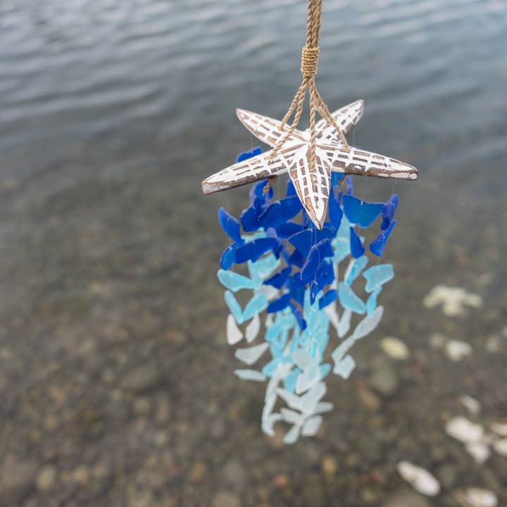 Estrela do mar com sinos de vidro reciclado - Aqua, Azul, Turquesa por atacado de Cohasset Gifts