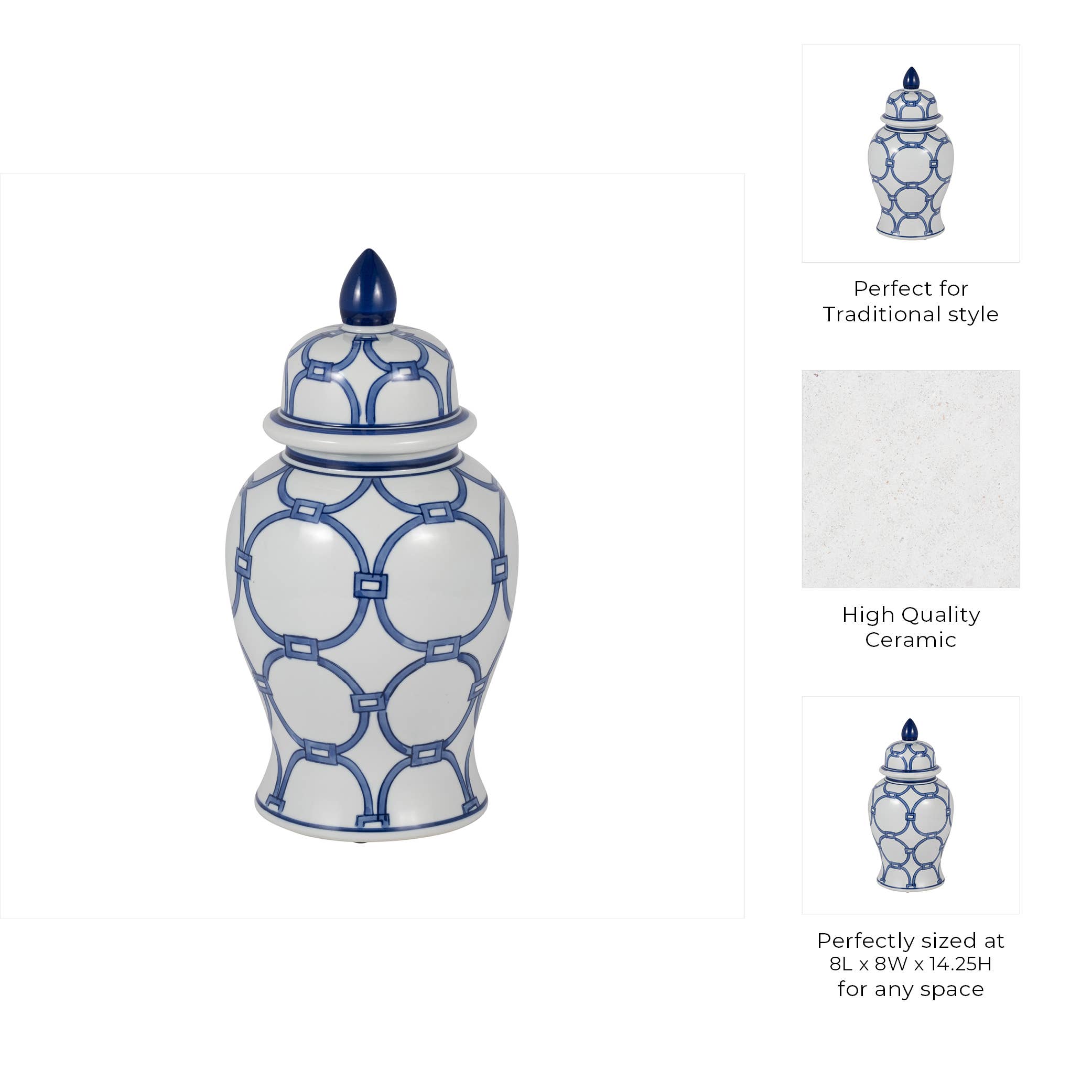 Sagebrook Home - Wholesale Decorative Jar - Ceramic Links Lidded Decorative Temple Jar - Blue, 14 in.3