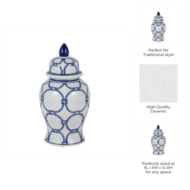 Sagebrook Home - Wholesale Decorative Jar - Ceramic Links Lidded Decorative Temple Jar - Blue, 14 in.3