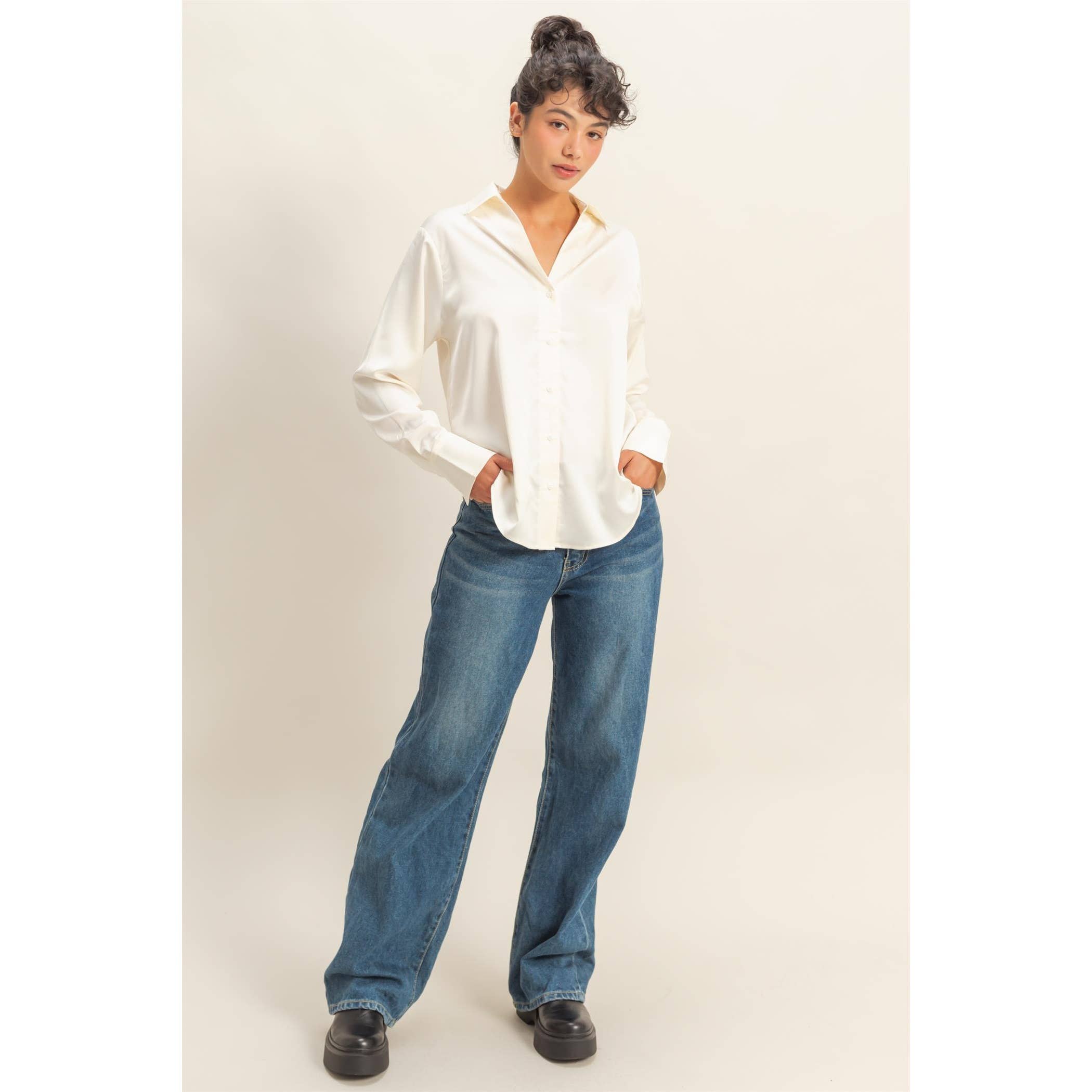 Double Zero - Wholesale Blouse - Women's - Button-Up Satin Shirt With Collared Neckline7