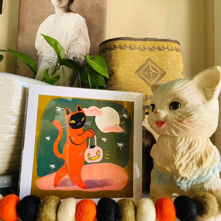 Bunny Dee - Wholesale Art Print - trick or treat orange cat 8x8 print