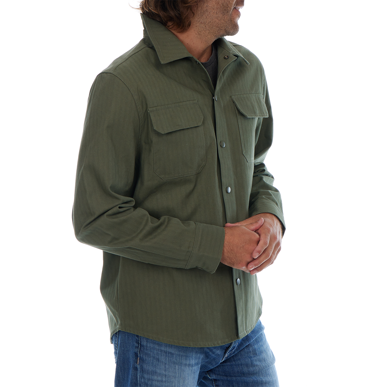 PX - Wholesale Button Down Shirt - Men's - Hassan Olive Cotton Tonal Herringbone Sna Work Shirt Shacket7