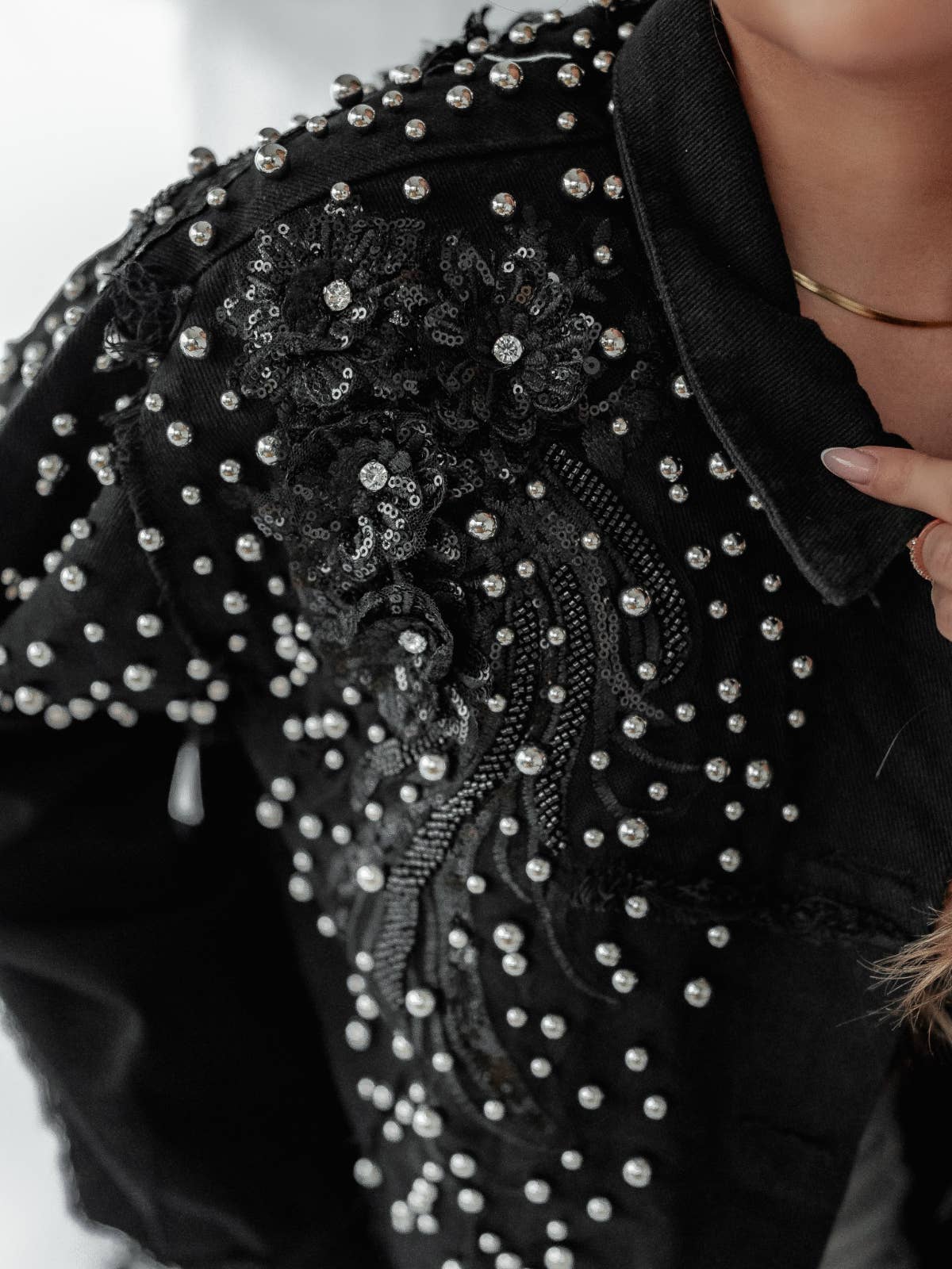 Black Oversized Denim Jacket with Pearls & Embroideries for wholesale on Faire4
