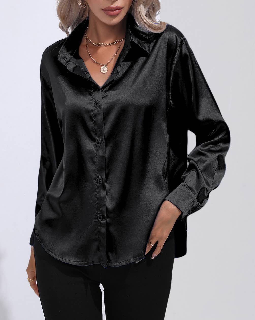 HIDDENBRAND - Wholesale Button Down Shirt - Women's - Satin Faux Silk Long-Sleeved Shirt2