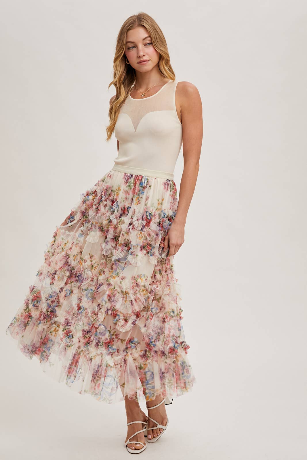 Bluivy - Wholesale Skirt - Women's - FLORAL RUFFLED MESH MIDI SKIRT7