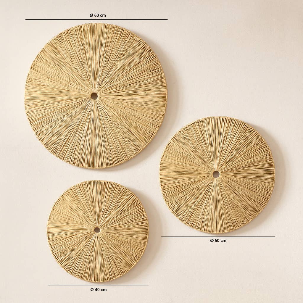 Now's Home - Wholesale Dimensionele/3D-muurkunst - Set van 3 wanddecoraties van natuurlijke raffia D60/50/40 cm MIRI4