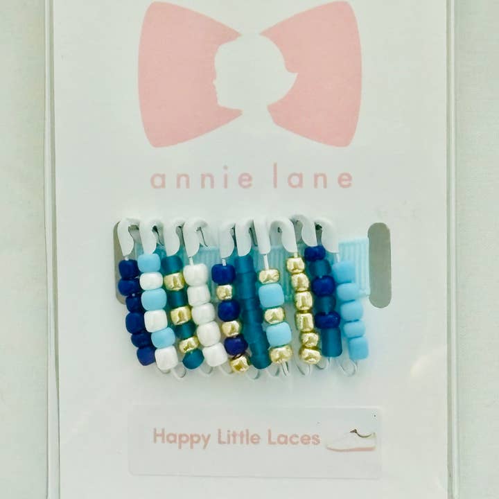 Set of shoelace pins - holiday small bright blue/gold for wholesale by Annie Lane
