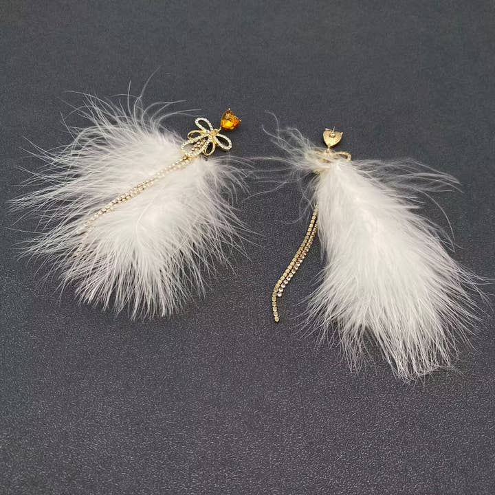 Mio Queena - Wholesale Tassel Earrings - White Feather & Rhinestone Fringe Bow Post Earrings2