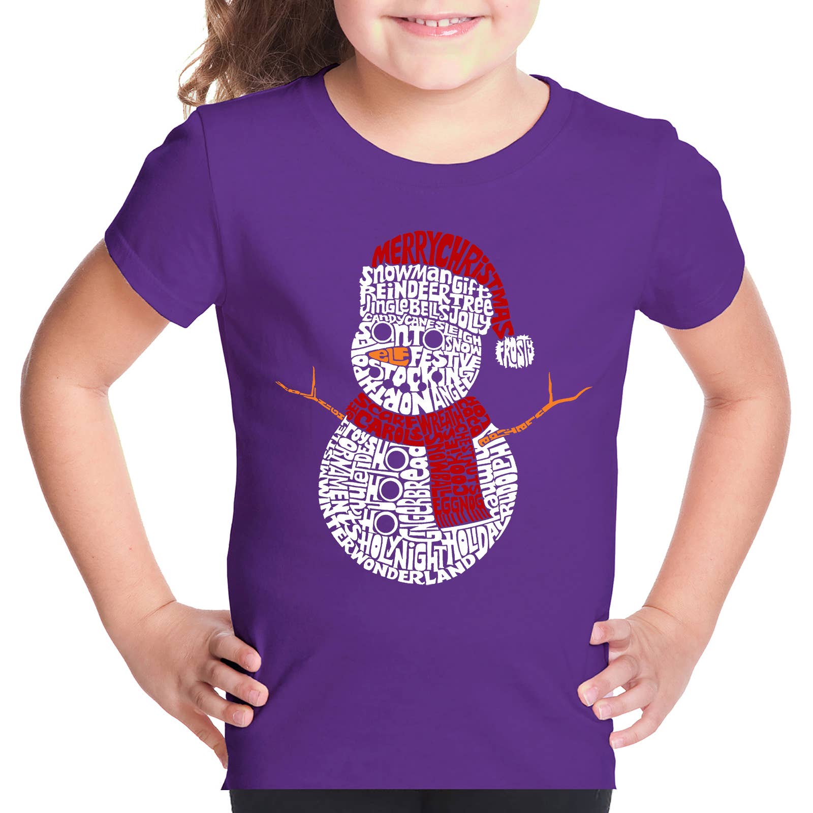 LA Pop Art – Großhandel T-Shirt mit Siebdruck – Kinder – Christmas Snowman — Word Art T-Shirt für Mädchen7
