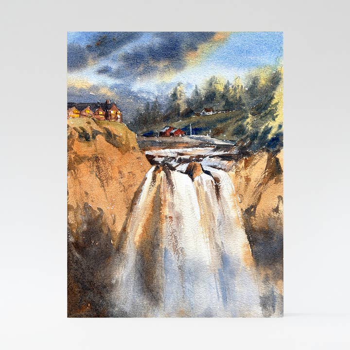 Art mural en bois "Chutes de Snoqualmie en été" pour la vente par Ina Xi Watercolor
