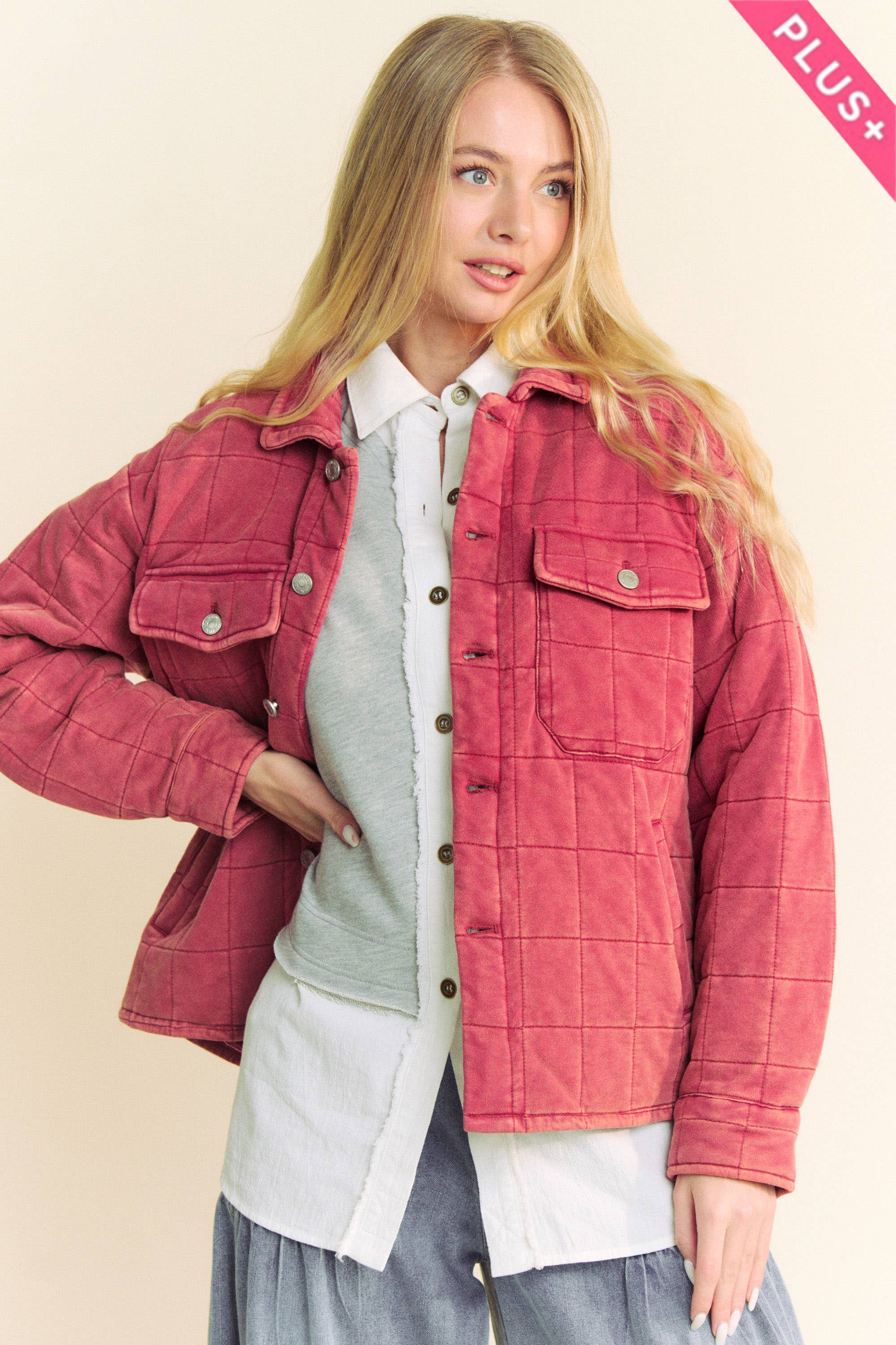 Davi & Dani - Wholesale Jacket - Women's - PLUS POCKET BUTTON FRONT SHACKET SHIRT JACKET1