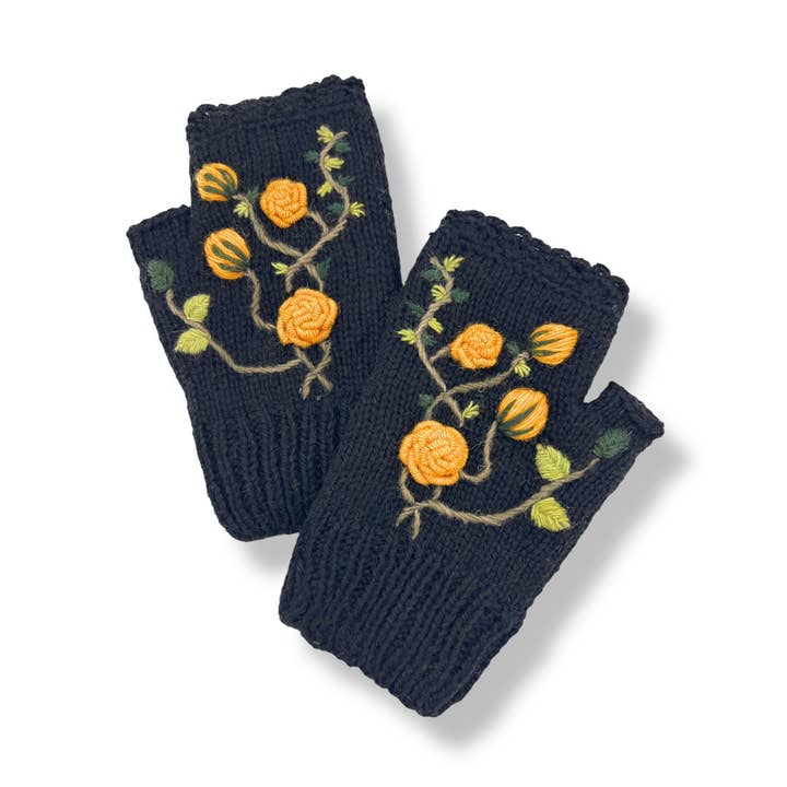 Alpaca Black Fingerless Gloves Embroidered Yellow Flowers for wholesale by Ella Sussman
