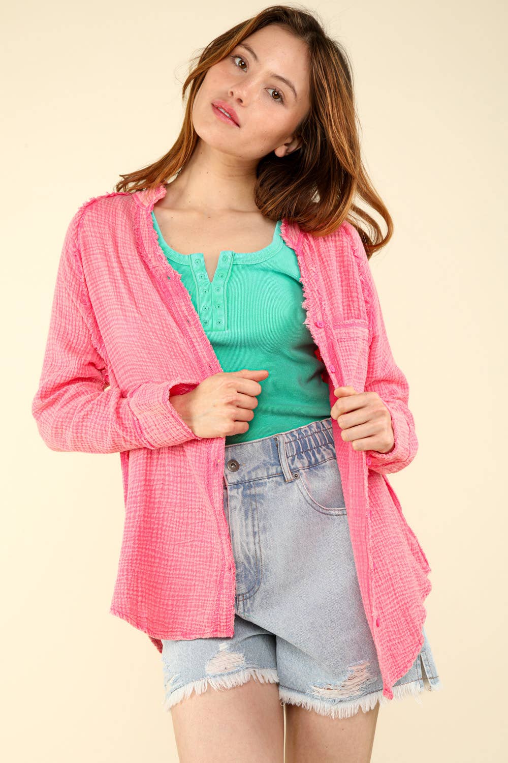 VERY J - Wholesale Button Down Shirt - Women's - NT11350-Oversized Washed Woven Crinkled Gauze Shirt Top1