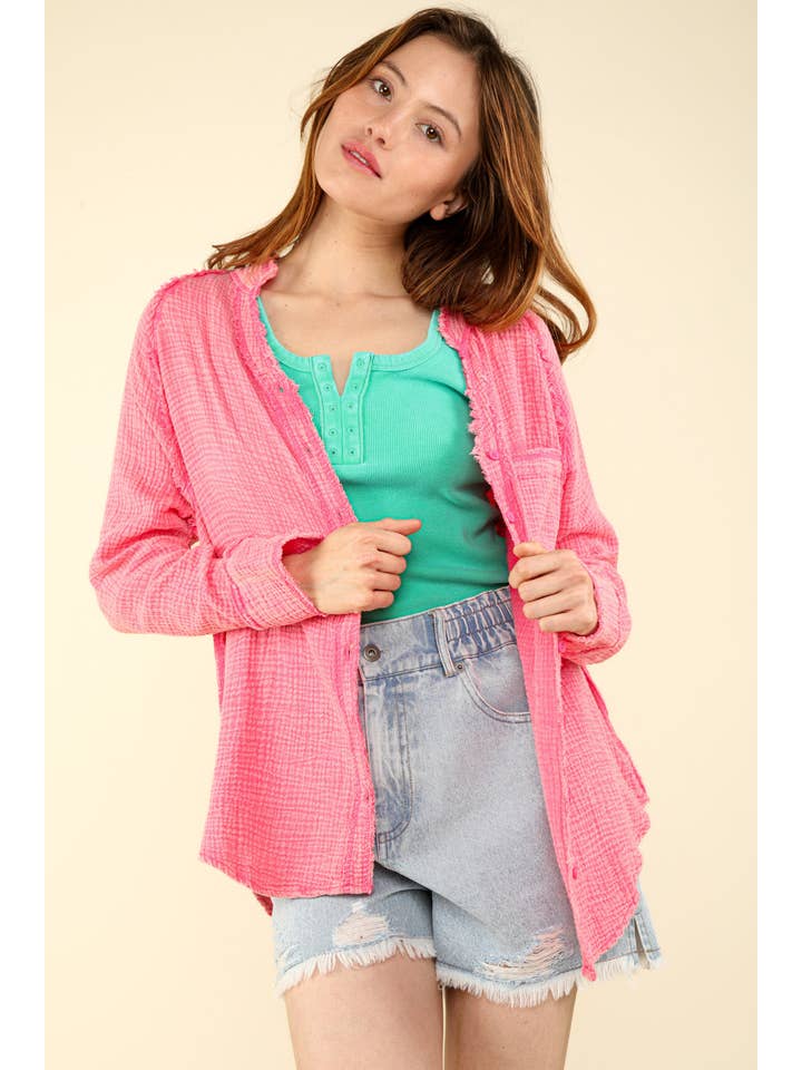 VERY J - Wholesale Button Down Shirt - Women's - NT11350-Oversized Washed Woven Crinkled Gauze Shirt Top1