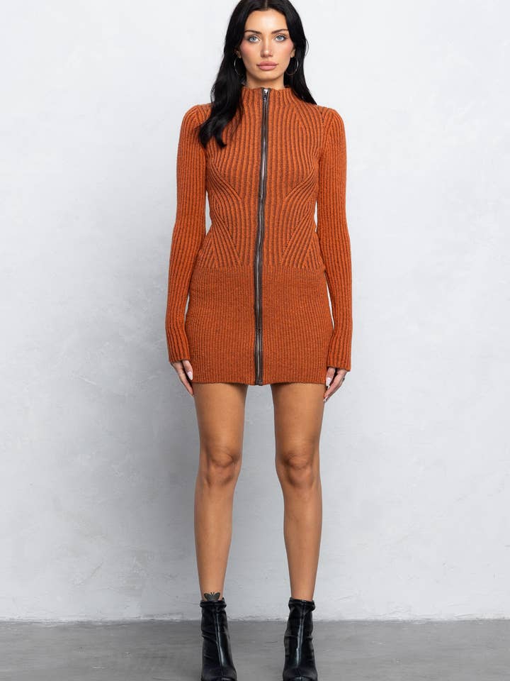 Ribbed long sleeve zip-up knit dress for wholesale by No Vacancy