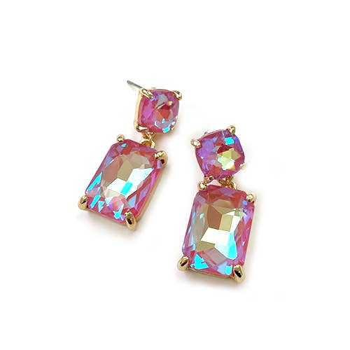 StarryNYC - Wholesale Dangle Earrings - Double Square Linked Crystal Glass Dangle Earrings10