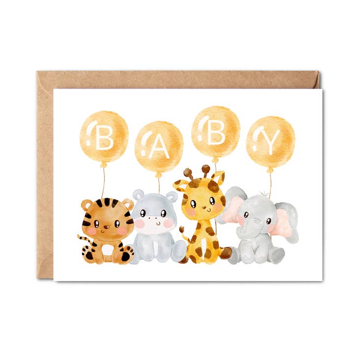 Baby Safari Animal Hand Drawn Watercolor Greeting Card for wholesale by Simply Crafty
