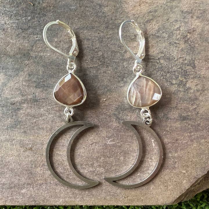 Waxing & Waning Chocolate Moonstone Earrings in Silver for P for wholesale by Carley King Jewels