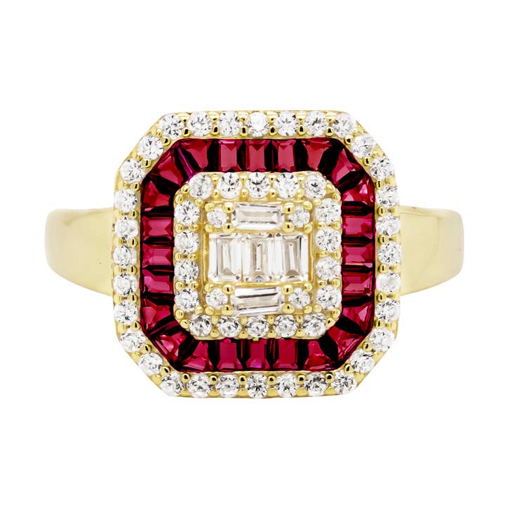Guldpläterad sterlingsilver, rubinstenar och vit CZ ring för wholesale av Dlux Jewels