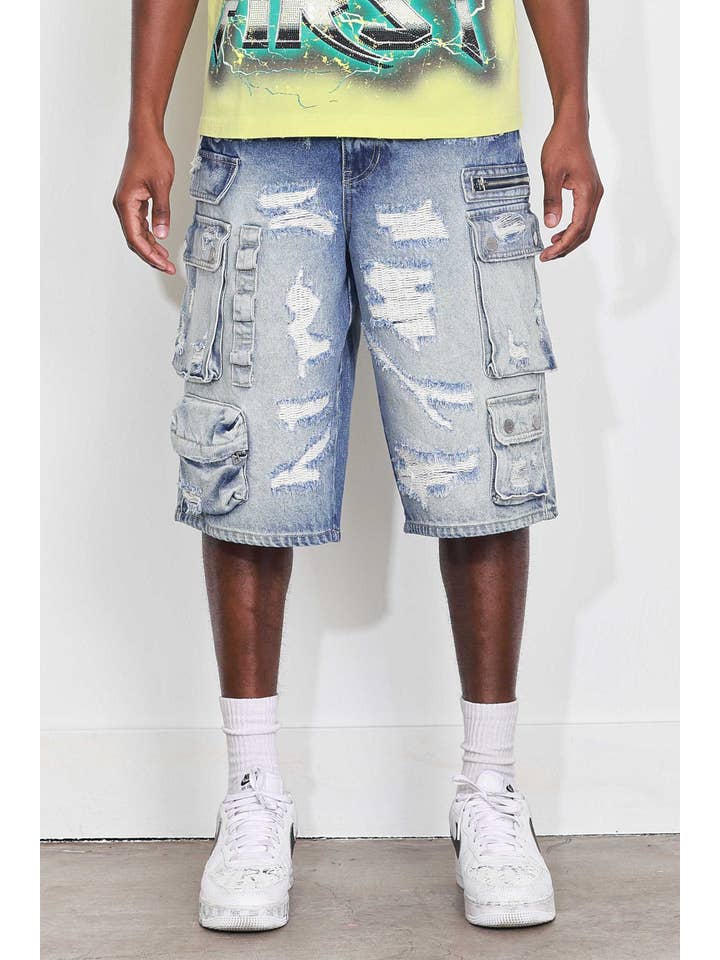 MEDIUM BLUE WASHED MULTI CARGO DENIM JORTS for wholesale on Faire