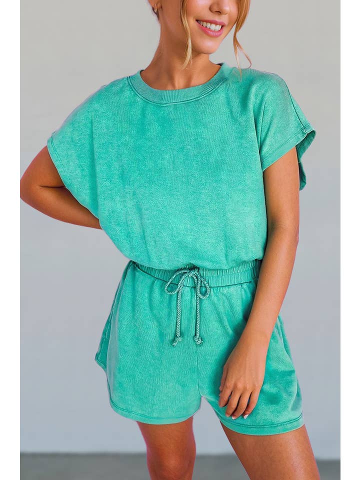 As shown Mineral Wash Drawstring Waist Hollow Out Back Romper | S-XL for wholesale on Faire