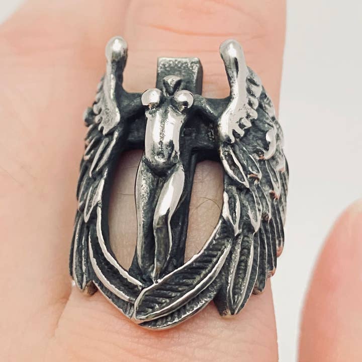 Vintage Cross Angel Wings Stainless Steel RingJewelry Gift for wholesale by Mio Queena