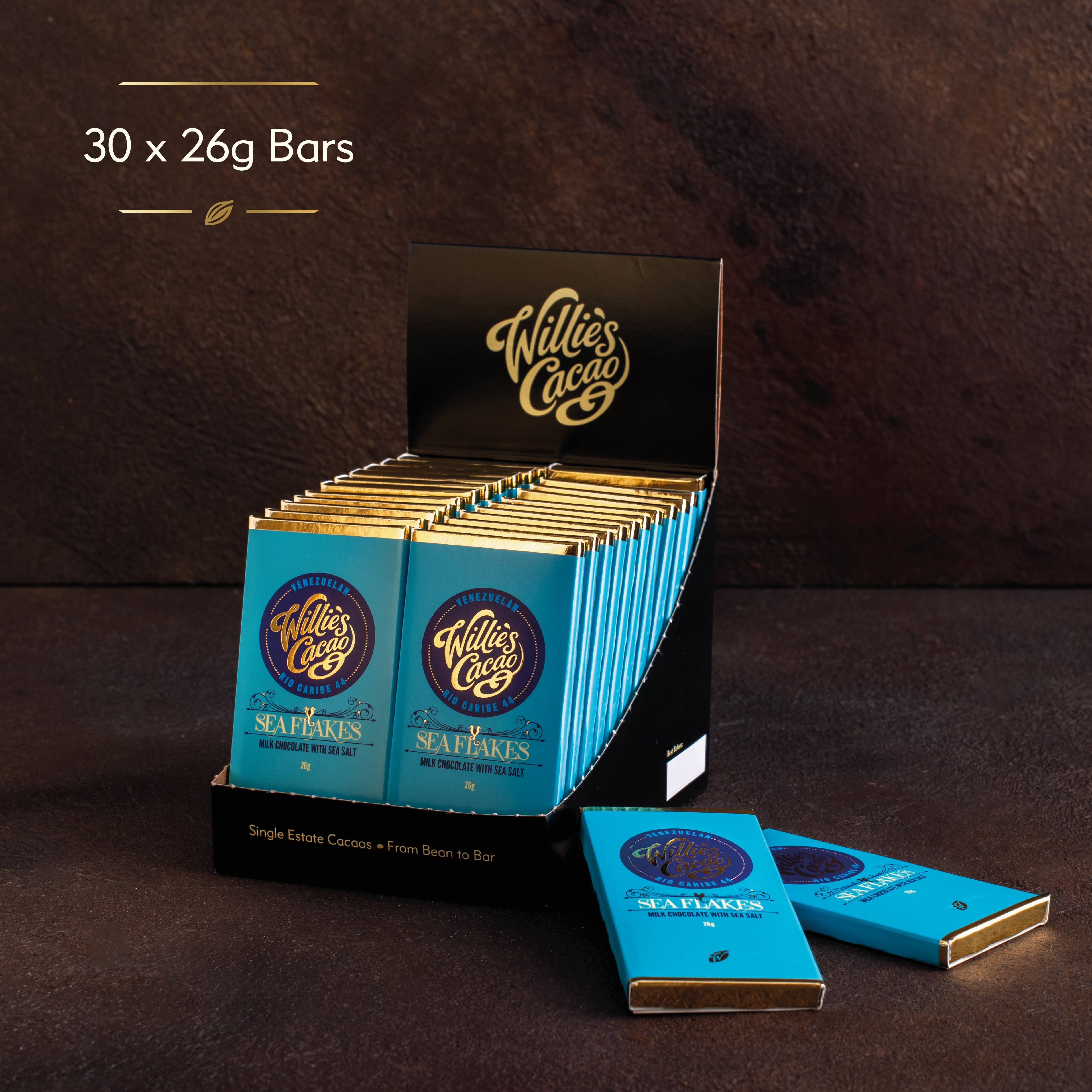 Willie's Cacao - Wholesale Chocolate Bar - Sea Flakes. Milk chocolate with Cornish Sea Salt. 26g bar1