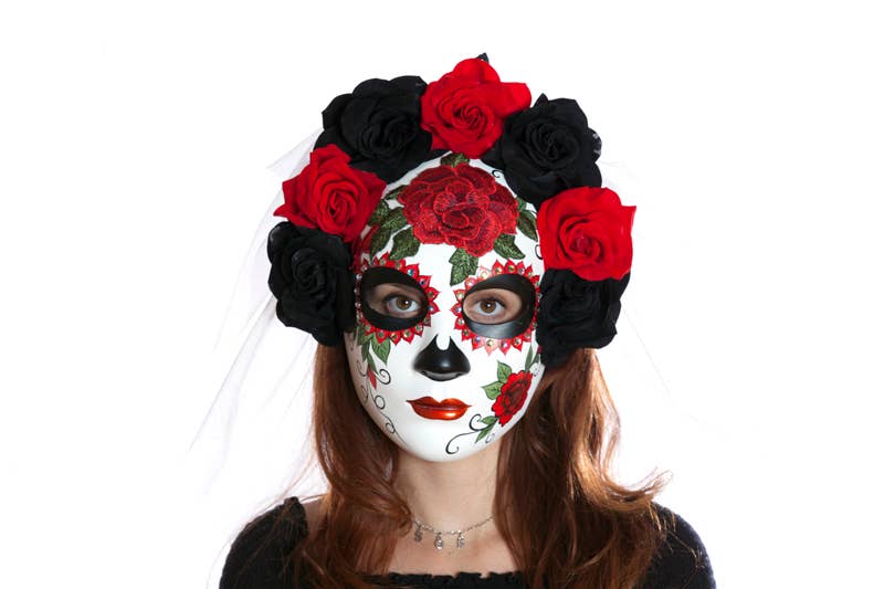 KBW Global Corp. - Wholesale Costume - Unisex - Day of the Dead Red Rose Veil Mask0