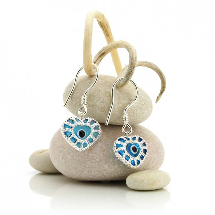 Heart Model Earrings With Turkish Eye, 925 Silver for wholesale by UniArt