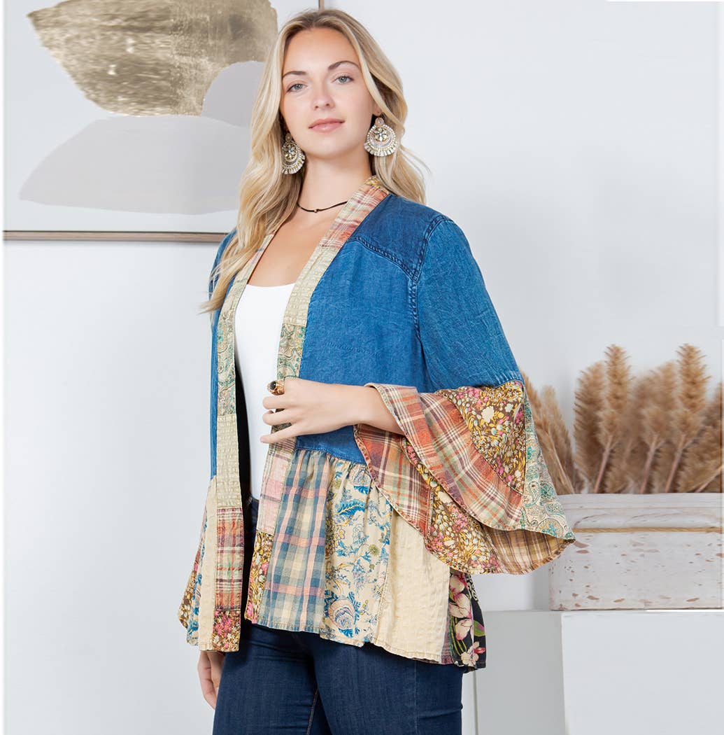 Young Threads - Wholesale Kimono - Women's - Western Boho Lace & Denim Patchwork Kimono Top NEW2
