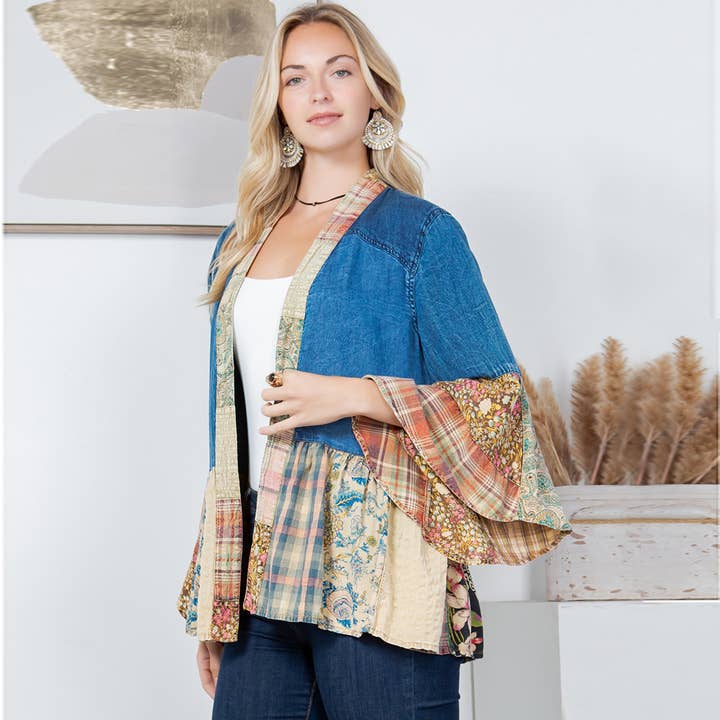 Young Threads - Wholesale Kimono - Women's - Western Boho Lace & Denim Patchwork Kimono Top NEW2