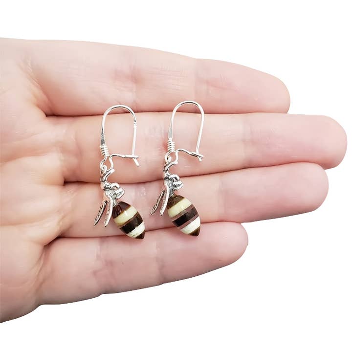 Amberman - Wholesale Dangle Earrings - Baltic Amber Sterling Silver Bee Earrings On Hooks1