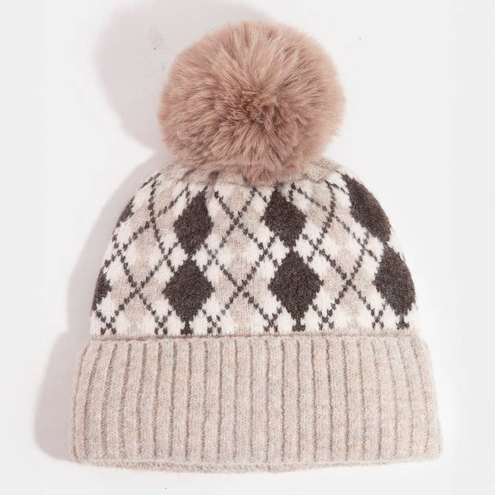 Collections by Fame Accessories - Wholesale Beanie - Women's - Argyle Knit Pom Beanie1
