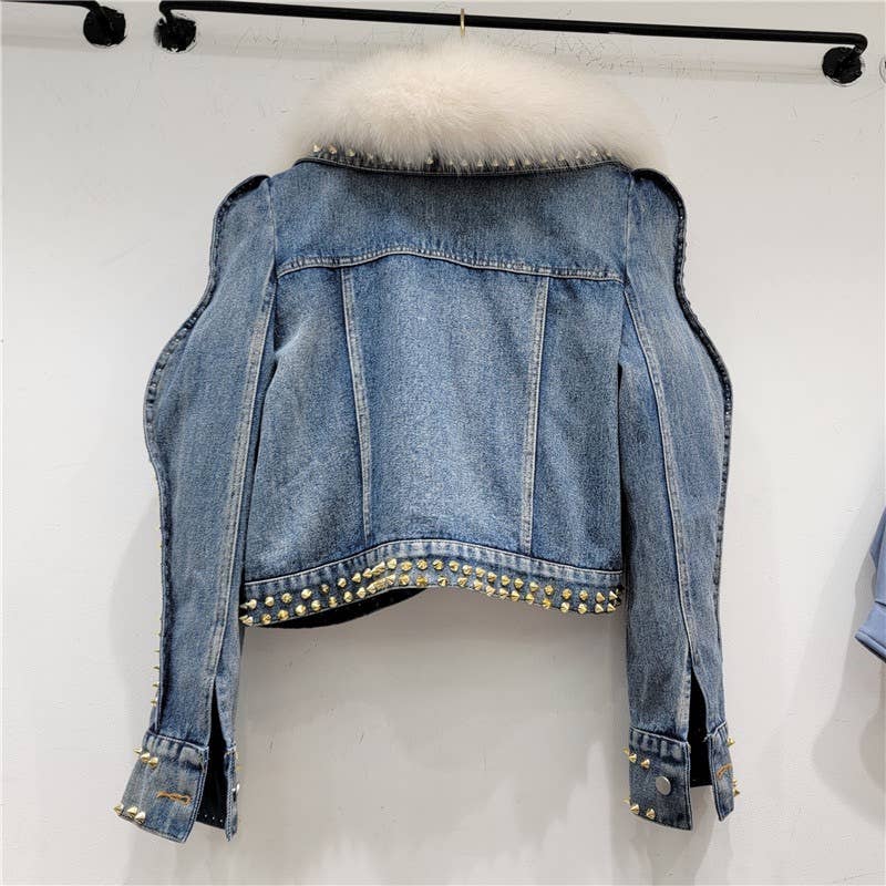Blue JK073 Trendy Gemstone Denim Jacket -Faux fur lined for wholesale on Faire1