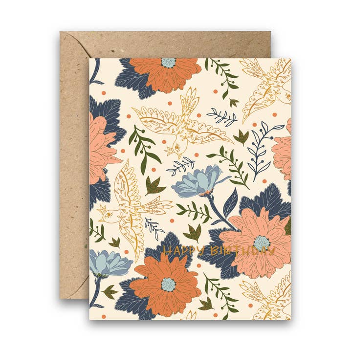 Birthday Birds in Bloom – Gold Foil Floral Greeting Card for wholesale by Amicreative