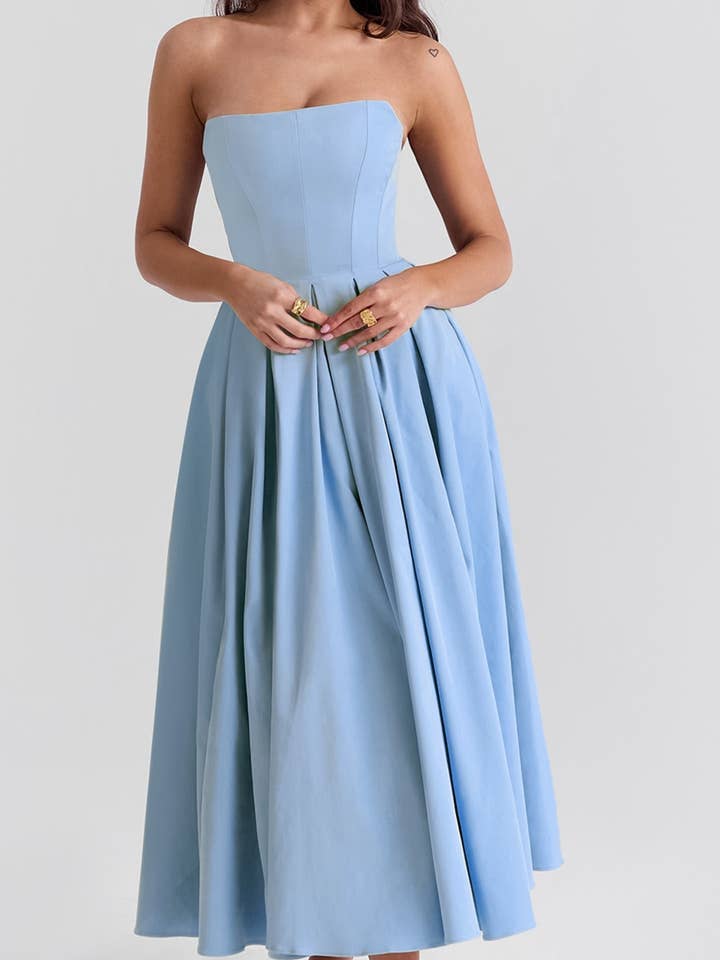 strapless corseted Bandeau pleated midi Cocktail Dress for wholesale by Rosa Clothing