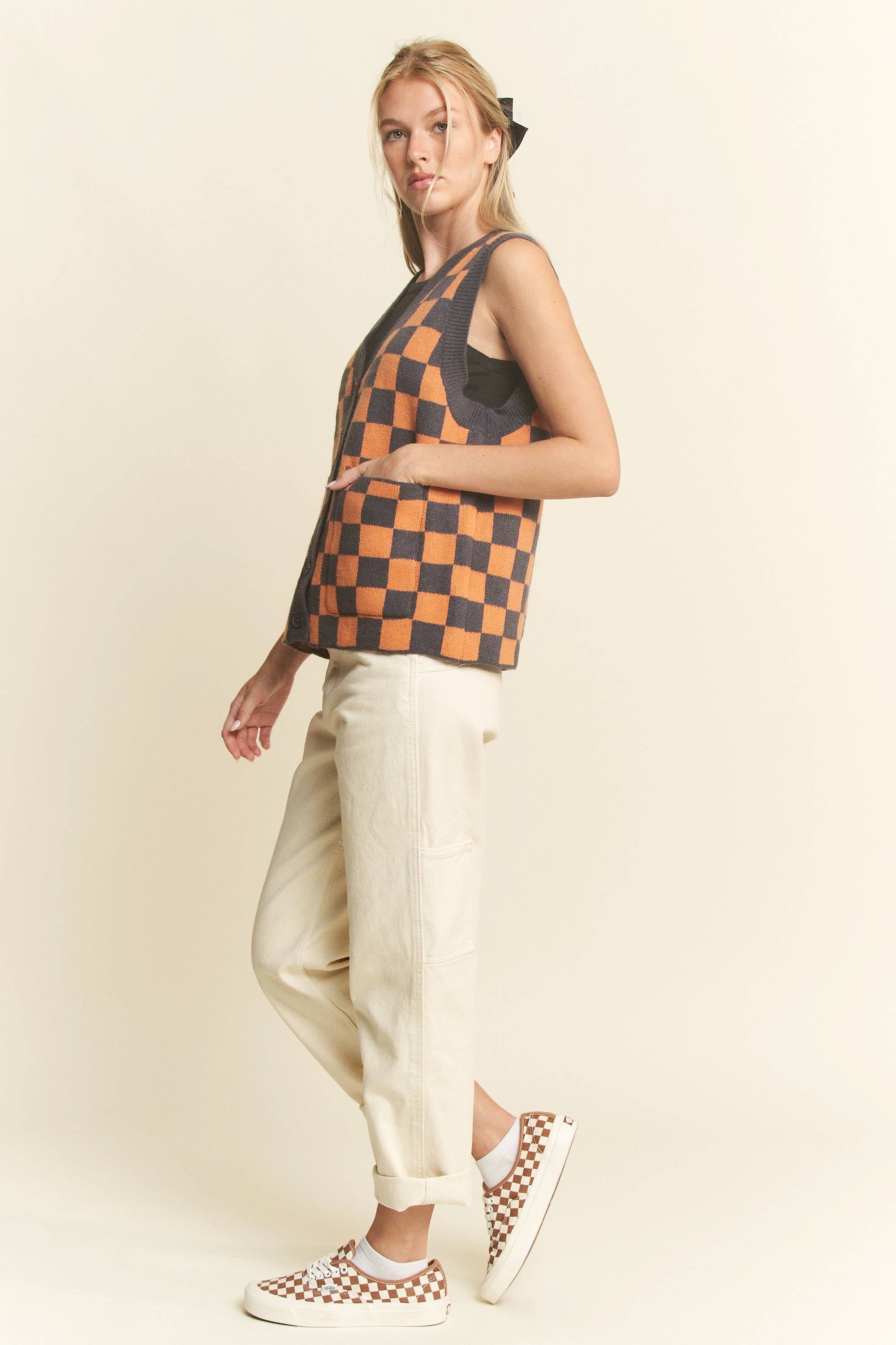 JADE BY JANE – Colete - Mulher por atacado – COLETE XADREZ SEM MANGAS COM DECOTE EM V3