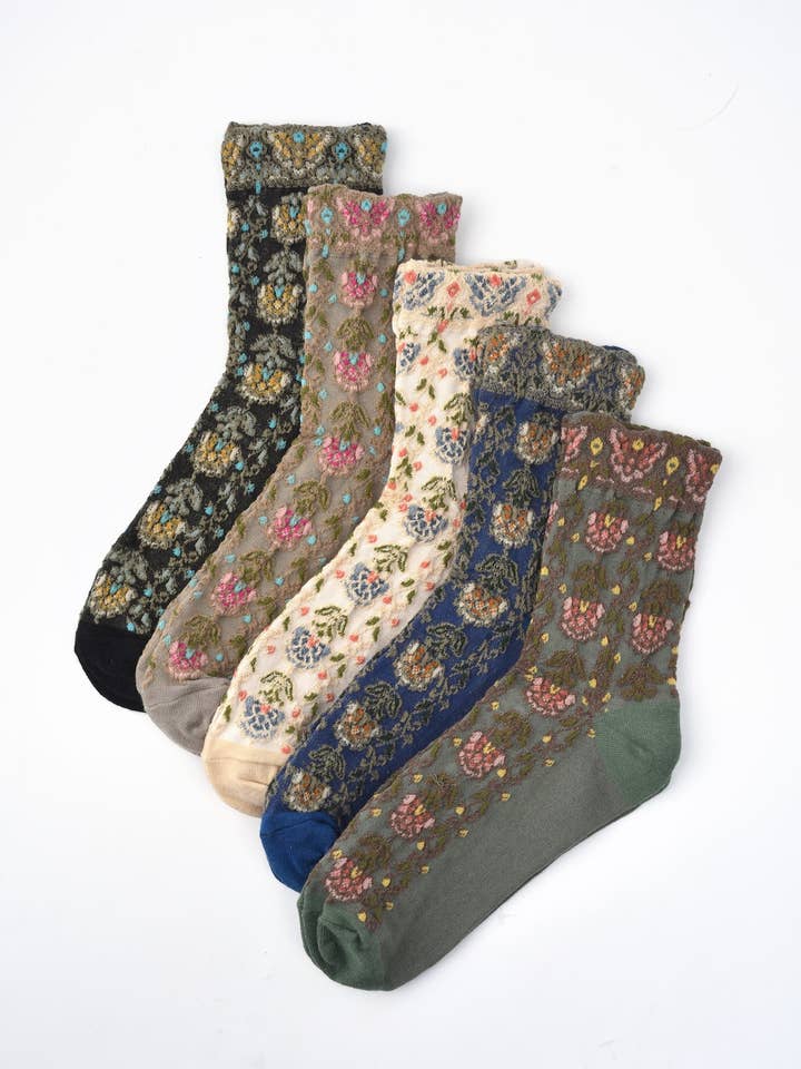 Rufia - Embossed Vintage Floral Mid-Calf Socks for wholesale by Funkyrel® Atzbranding Limited
