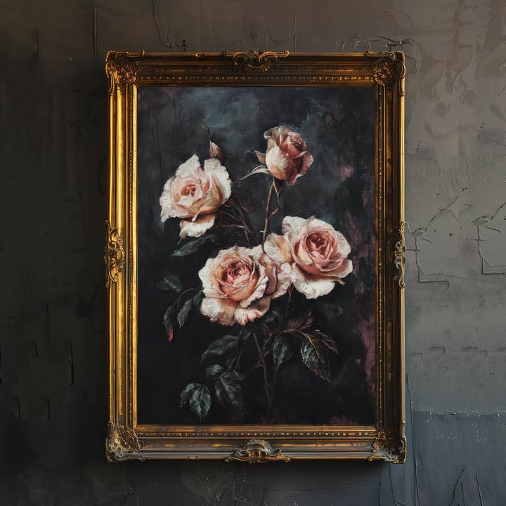 Pôster de Rosas Florescendo em Estilo Gótico Arte de Parede Floral Escura Impressão Botânica Vintage para Sala de Estar Quarto ou Parede de Galeria Decoração Elegante e Sombria por atacado de InkNPrintz