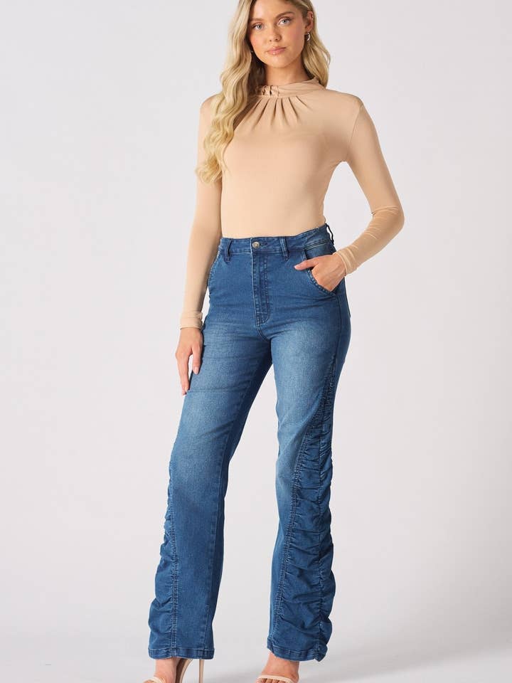 MAIA Ruched High Waisted Flare Jeans - Mid Blue for wholesale by JMOJO UK Limited