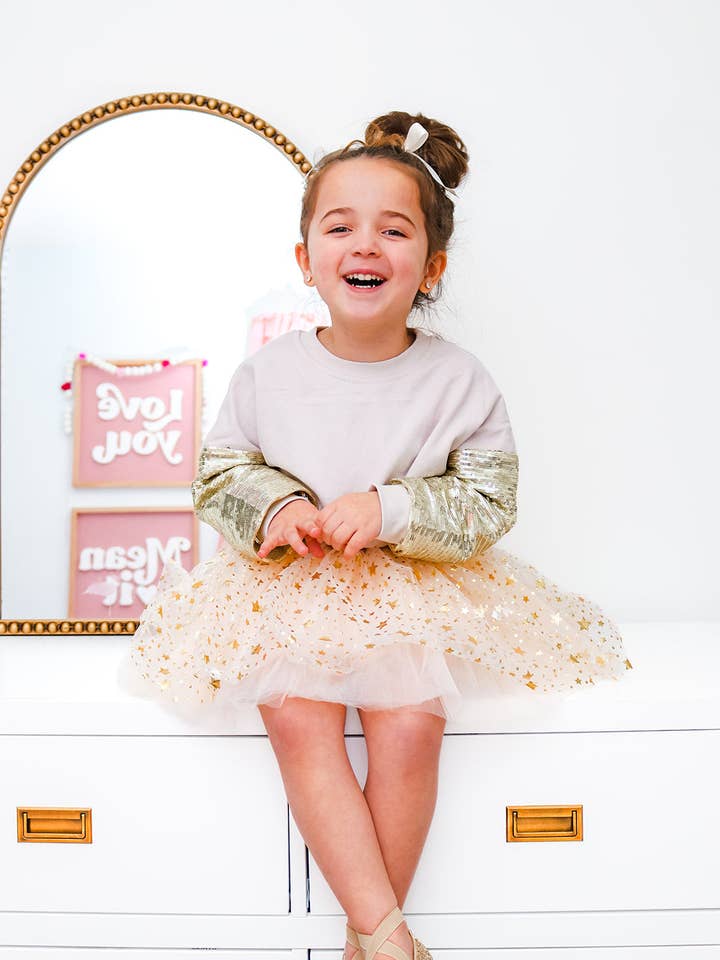 Beige & gold sequins sweatshirt for wholesale by Fancy Shmancy Baby