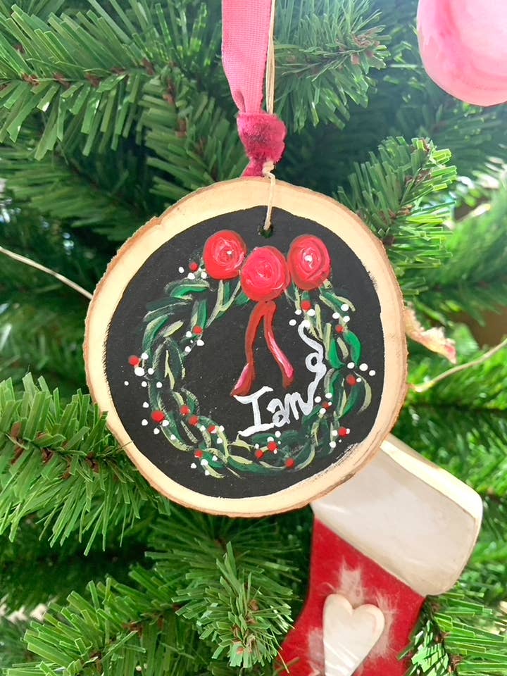 Handpainted Christmas Tree Decoration Wood Slice for wholesale by Suze Lake Designs