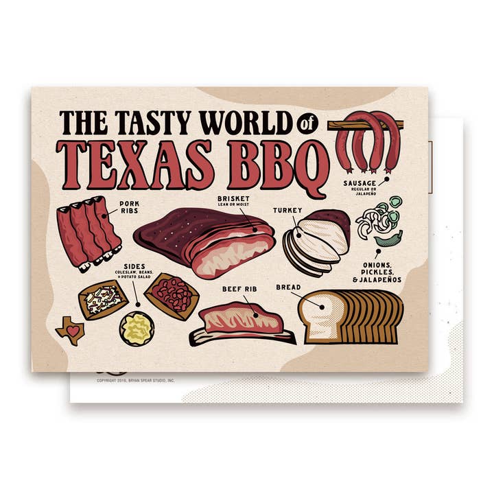 The Tasty World of Texas BBQ Postcard for wholesale by Bryan Spear Studio