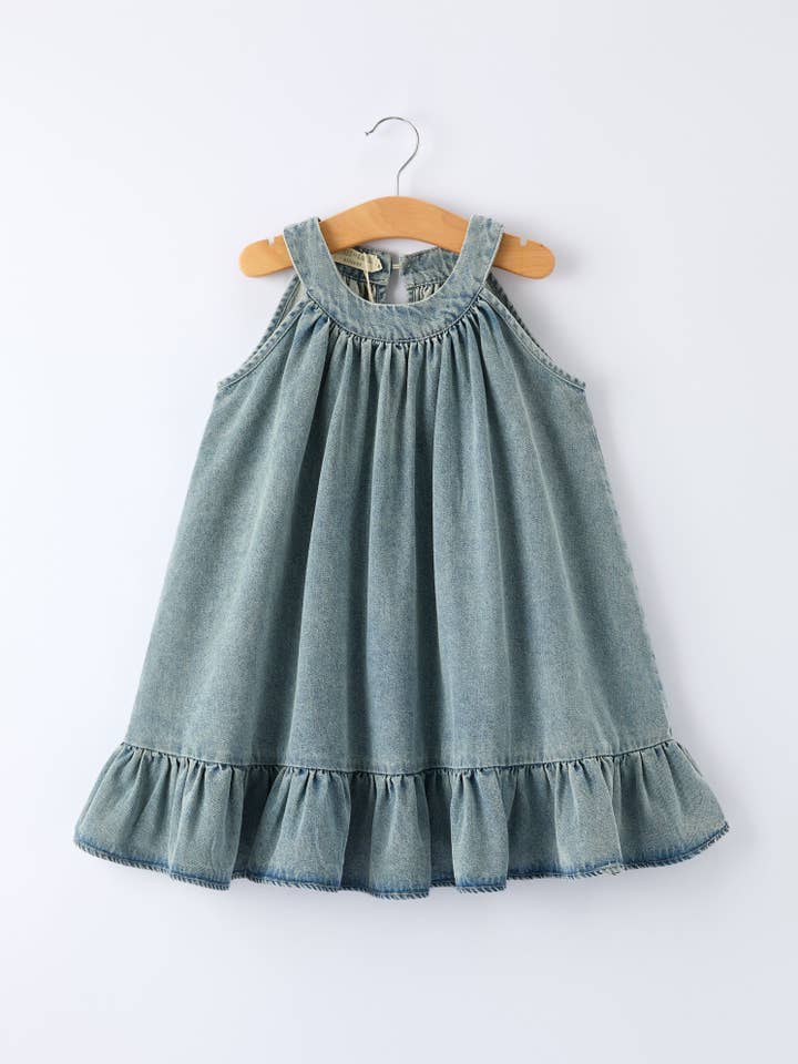 Girls Denim Ruffle Trim A-Line Dress for wholesale by Rylee Faith Designs