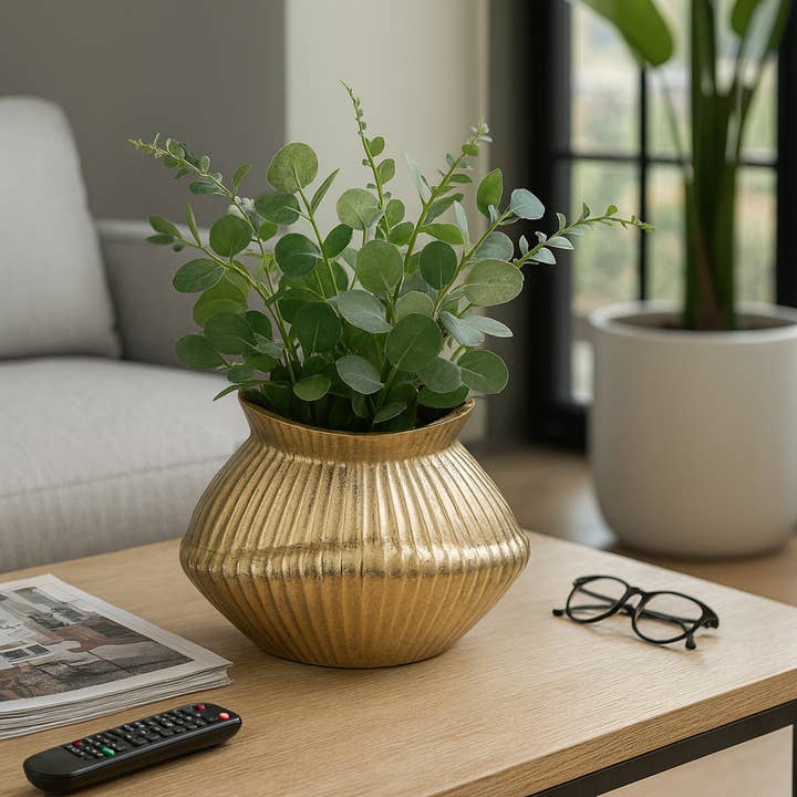 Decorative Vase - Gold Metal Ribbed Boat Shaped, 15 in. for wholesale by Elevarre