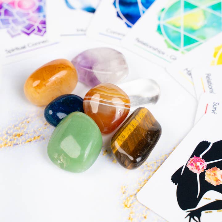 Chakra Card Set With 8 Cards and 7 Crystal Set White Box for wholesale on Faire18