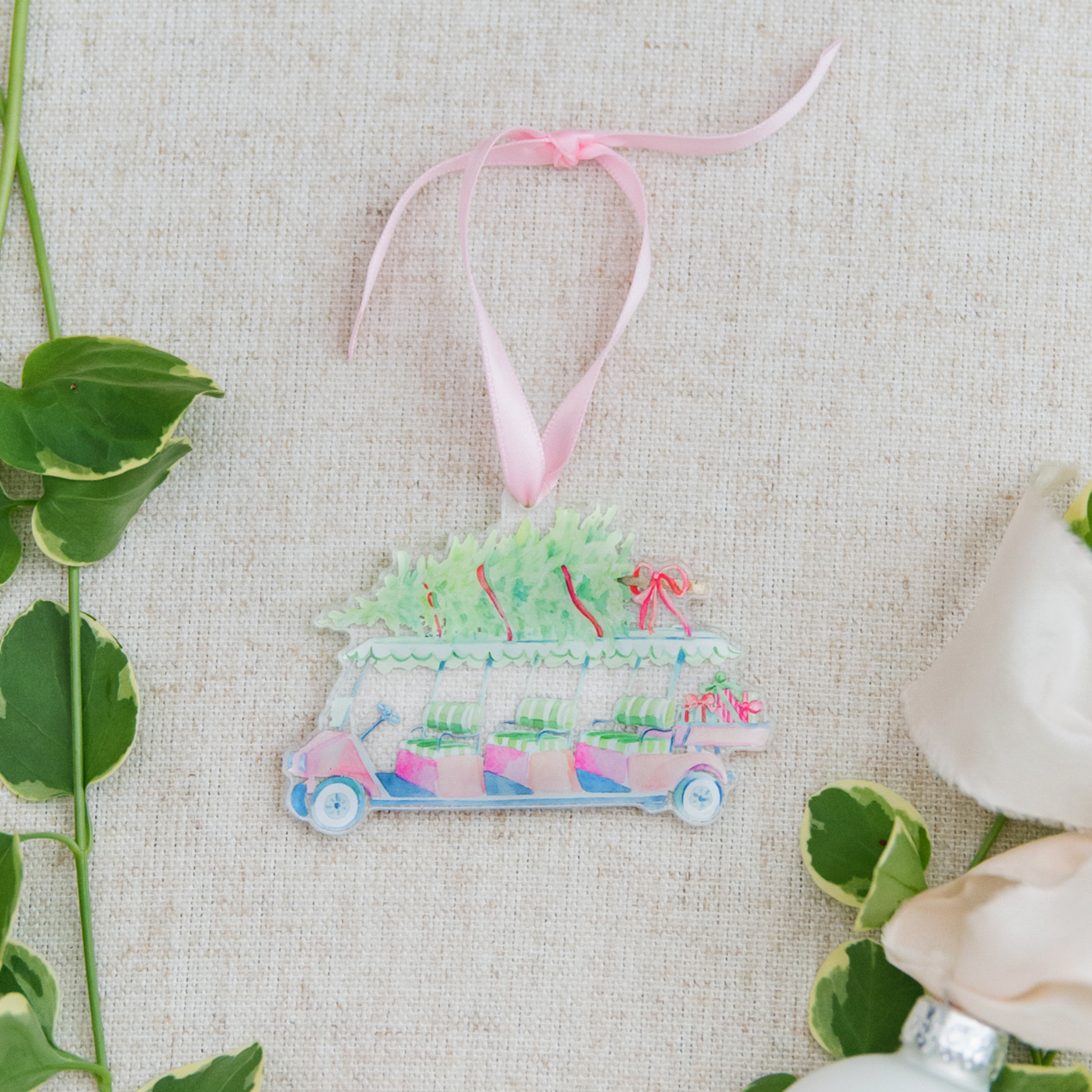 Simply Jessica Marie - Wholesale Ornament - Holiday Palm Beach Golf Cart Watercolor Ornament1